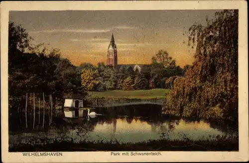 Ak Wilhelmshaven, Park mit Schwanenteich, Kirche