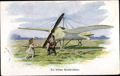 Künstler Ak Hoffmann, Ad., Junge als Soldat, Flugzeug, Liebespaar, Ein frohes Wiedersehen