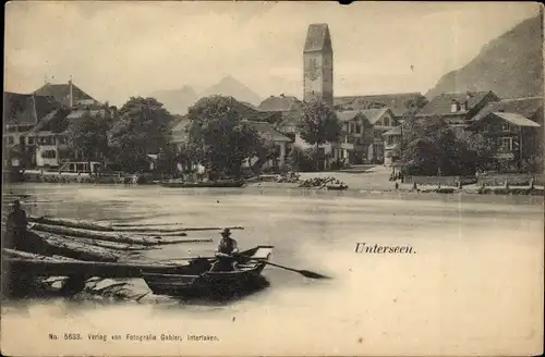 Ak Unterseen Kanton Bern, Blick auf den Ort, Ruderboot