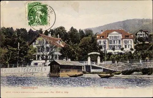 Ak Hilterfingen am Thunersee Kt. Bern, Blick vom Wasser auf die Pension