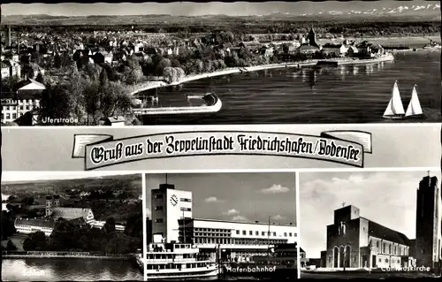 Ak Friedrichshafen am Bodensee, Uferstraße, Hafenbahnhof, Kirche