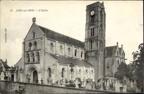 Ak Lion sur Mer Calvados, l'Église, Kirchhof