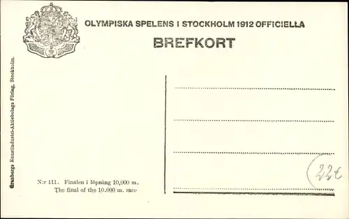 Ak Stockholm Schweden, Olympische Spiele 1912, Olympiska Spelens, 10.000 Lauf, Finale