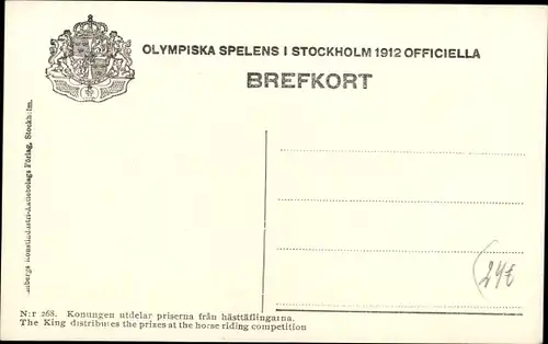 Ak Stockholm Schweden, Olympische Spiele 1912, Olympiska Spelens, König, Preisverleihung Reiten