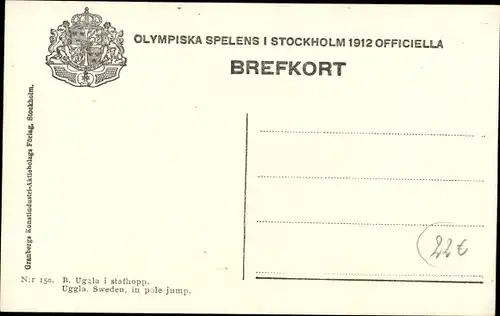 Ak Stockholm Schweden, Olympische Spiele 1912, Olympiska Spelens, Stabhochsprung, B. Uggla