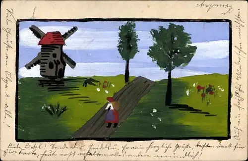 Handgemalt Ak Landschaft mit Windmühle