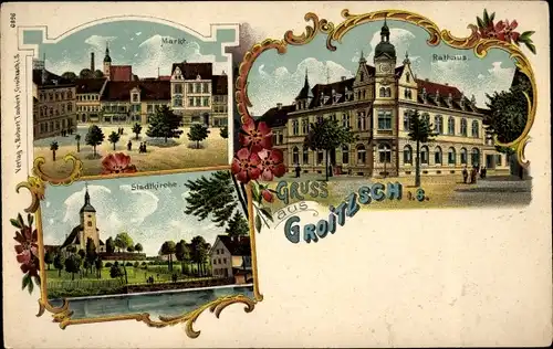 Litho Groitzsch in Sachsen, Rathaus, Stadtkirche, Markt