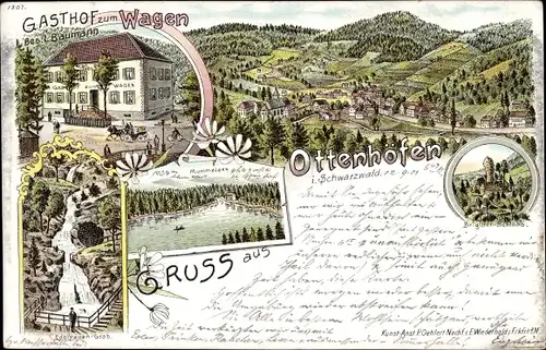 Litho Ottenhöfen im Schwarzwald, Edelfrauen Grab, Gasthof zum Wagen, Mummelsee