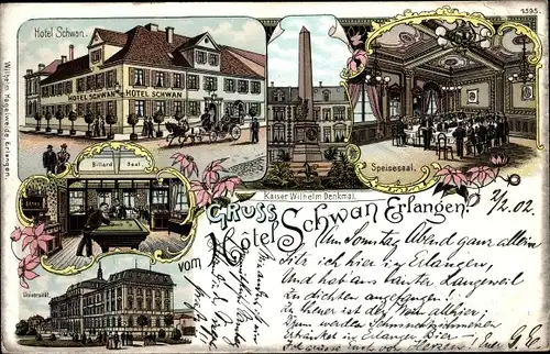 Litho Erlangen in Mittelfranken Bayern, Hotel Schwan, Innenansicht, Billard, Kaiser Wilhelm Denkmal