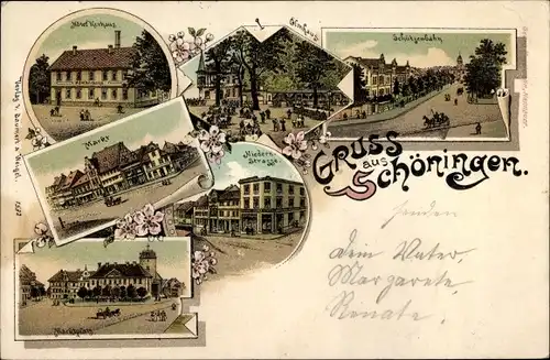 Litho Schöningen am Elm, Schützenbahn, Elmhaus, Hotel Kurhaus, Markt, Niedernstraße