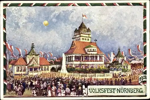 Ganzsachen Künstler Ak Nürnberg in Mittelfranken Bayern, PP 15 D 58/01, Volksfest 1908