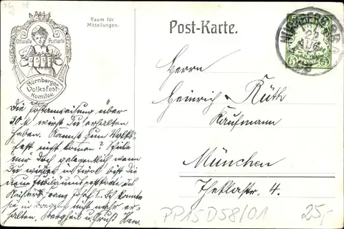 Ganzsachen Künstler Ak Nürnberg in Mittelfranken Bayern, PP 15 D 58/01, Volksfest 1908