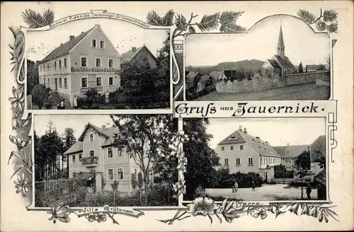 Ak Jauernick Buschbach Markersdorf Oberlausitz, Pfarre, Villa Grützner, Bäckerei, Kirche