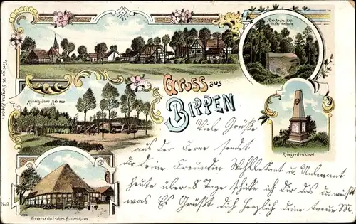 Litho Bippen Niedersachsen, Kriegerdenkmal, Hünengräber Herkese, niedersächsisches Bauernhaus