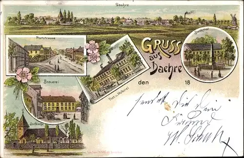 Litho Dähre in der Altmark, Denkmal, Poststraße, Brauerei, Dorfkirche, Molkerei