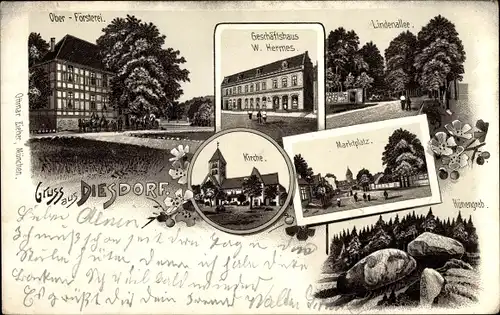 Litho Diesdorf in der Altmark, Hünengrab, Lindenallee, Geschäftshaus, Kirche, Oberförsterei