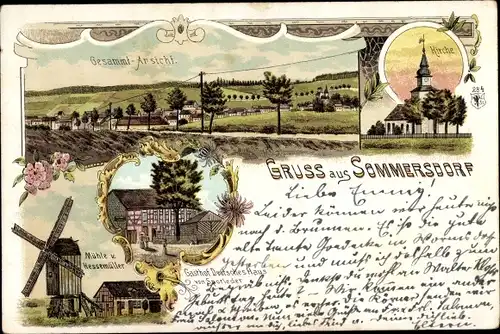 Litho Sommersdorf Sachsen Anhalt, Windmühle von Hessemüller, Gasthof Deutsches Haus, Kirche