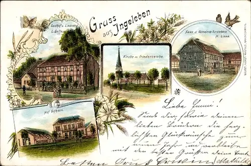 Litho Ingeleben Söllingen in Niedersachsen, Haus des Gemeindevorstehers, Gasthof Lindenhof, Kirche