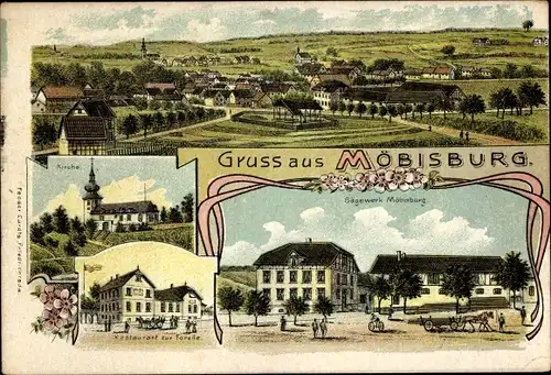 Litho Möbisburg Rhoda Erfurt in Thüringen, Sägewerk, Kirche, Restaurant zur Forelle, Totalansicht