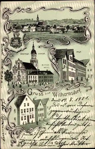 Litho Wilhermsdorf Mittelfranken, Kirche, Ritterhaus, Post, Restaurant, Totalansicht