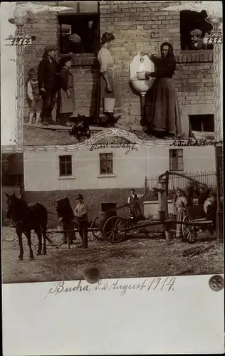 Foto Bucha Saale Holzland Kreis, Anwohner am Brunnen und mit Wasserpumpe 1914