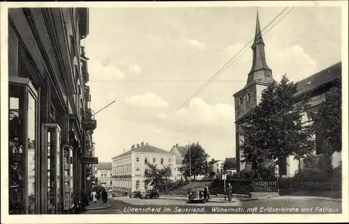 Ak Lüdenscheid im Sauerland, Wilhelmstraße mit Erlöserkirche und Rathaus