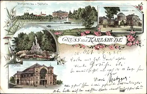 Litho Karlsruhe in Baden, Stadtgarten See u. Festhalle, Vierordt's Bad, Nymphengruppe