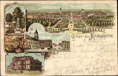 Litho Karlsruhe in Baden, Marktplatz, Kriegerdenkmal, Hoftheater, Panorama