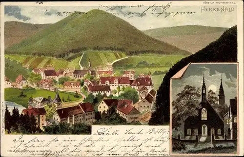 Künstler Litho Gatternicht, A., Bad Herrenalb im Schwarzwald, Panorama von der Ortschaft, Kirche