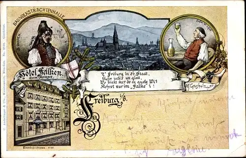Künstler Litho Freiburg im Breisgau, Hotel Falken, A. Grosholz, Stadt, Eisenbahnstr., Tracht