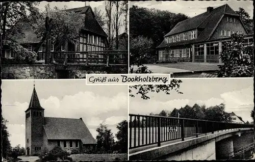 Ak Bookholzberg Ganderkesee in Niedersachsen, Gasthof zum Bookholzberg, Kirche, Brücke