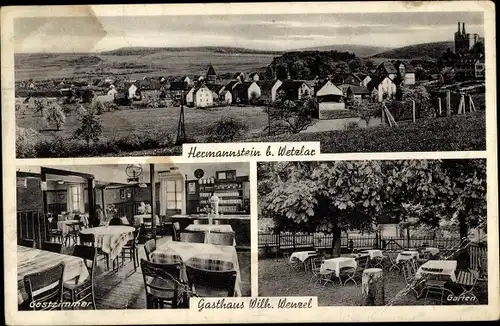 Ak Hermannstein Wetzlar an der Lahn, Gesamtansicht, Gasthaus, Garten, Gastzimmer