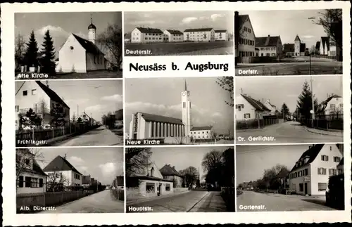 Ak Neusäß in Schwaben, Dorfstr. Gartenstr., Frühlingstr., Alte Kirche