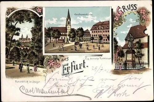 Litho Erfurt in Thüringen, Kaufmannskirche, Lutherdenkmal, Steiger