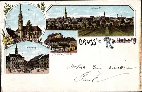 Litho Radeberg Sachsen, Gruss, Panorama, Marktplatz, Kirche