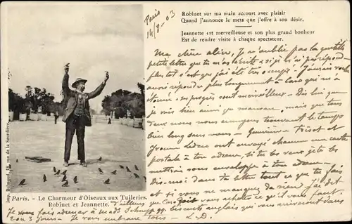Ak Paris, Le Charmeur d'Oiseaux aux Tuilleries, Robinet et Jeannette
