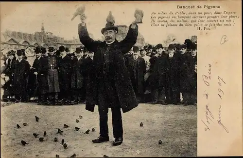 Ak Paris, Le Charmeur d'Oiseaux aux Tuilleries, Banquet de Pigeons