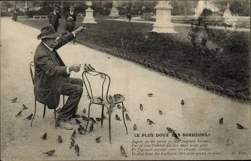 Ak Paris, Le Charmeur d'Oiseaux aux Tuilleries, Le Plus doux des Bonheurs