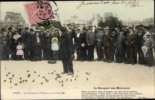 Ak Paris Frankreich, Charmeur d'Oiseaux aux Tuileries, Le Banquet des Moineaux