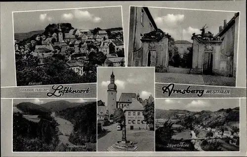 Ak Arnsberg im Sauerland Westfalen, Jägerbrücke, Altstadt,Seufzertal, Hirschberger Tor, Glockenturm
