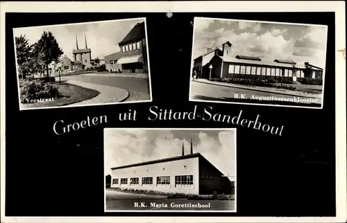 Ak Sanderhout Sittard Limburg Ndl., R. K. Maria Gorettischool, Veestraat, R.K. Augustinessenklooster