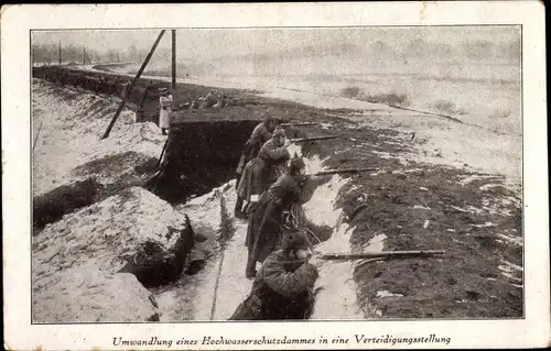 Ak Deutsche Soldaten mit Gewehren, Hochwasserschutzdamm als Verteidigungsstellung, 1. WK