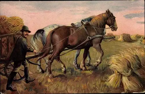 Künstler Ak Pferdefuhrwerk, Strohwagen auf einem Feld, Bauer