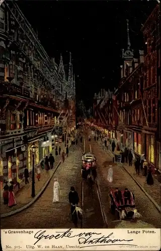 Ak 's Gravenhage Den Haag Südholland, Lange Poten, Tram, Nachtbeleuchtung