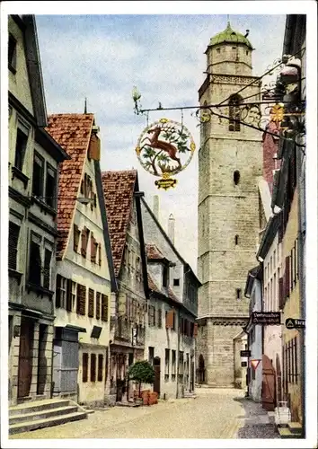 Ak Dinkelsbühl im Kreis Ansbach Mittelfranken, Straßenpartie, Turm, Schild