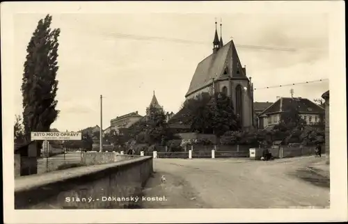 Ak Slaný Schlan Mittelböhmen, Dekansky kostel, Auto Moto Opravy