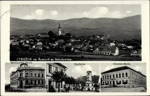 Ak Strážov na Sumave Region Pilsen, Schule, Rathaus, Totalansicht