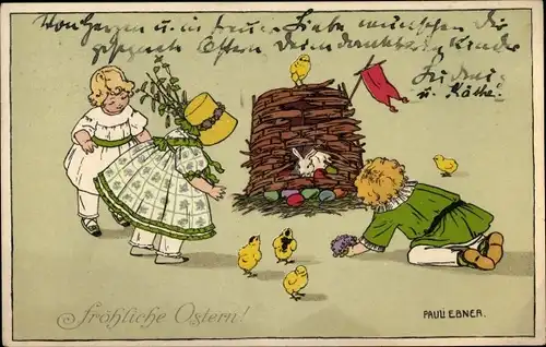 Künstler Ak Ebner, Pauli, Glückwunsch Ostern, Kinder, Küken, Ostereier, Hase