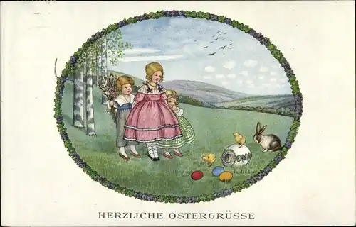 Künstler Ak Ebner, Pauli, Glückwunsch Ostern, Kinder, Hase, Küken, Ostereier