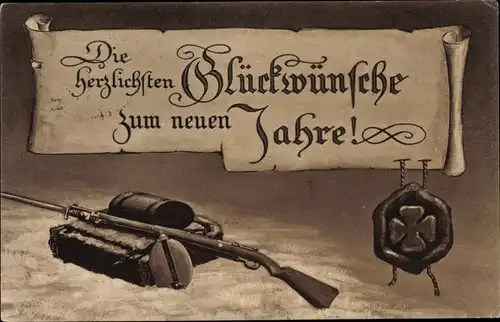 Ak Glückwunsch Neujahr, Gewehr, Marschgepäck, Feldflasche